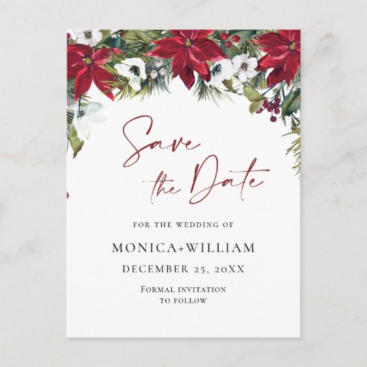 Elegant Red Poinsettia Wedding Save the Date Postkarte (Vorderseite)