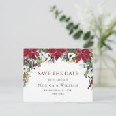 Elegant Red Poinsettia Wedding Save the Date Postkarte (Stehend Vorderseite)