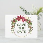 Elegant Red Poinsettia Weihnachten Save the Date Einladung (Stehend Vorderseite)