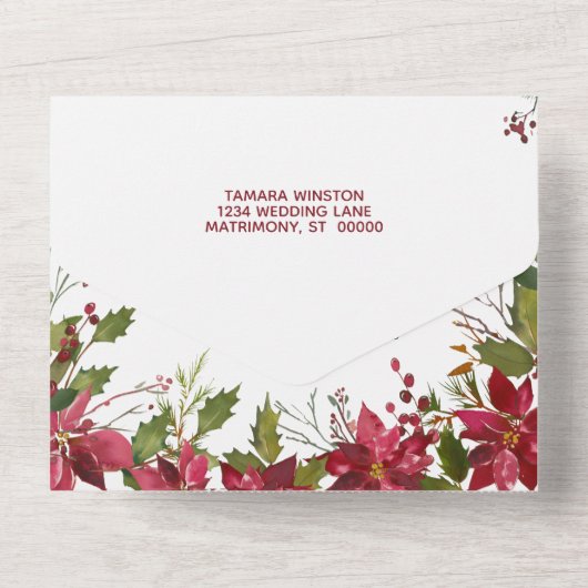 Elegant Red Poinsettia Weihnachts Reheasal Abendes All In One Einladung (Rückseite)