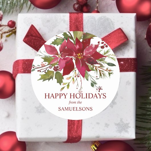 Elegant Red Poinsettia Weihnachtsfeiertage Runder Aufkleber