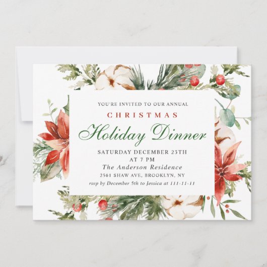 Elegant Red Poinsettia Weihnachtsfest Abendessen Einladung (Vorderseite)