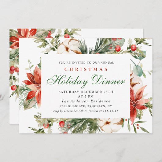 Elegant Red Poinsettia Weihnachtsfest Abendessen Einladung (Vorne/Hinten)