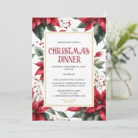 Elegant Red Poinsettia Weihnachtsfest Abendessen Einladung (Stehend Vorderseite)
