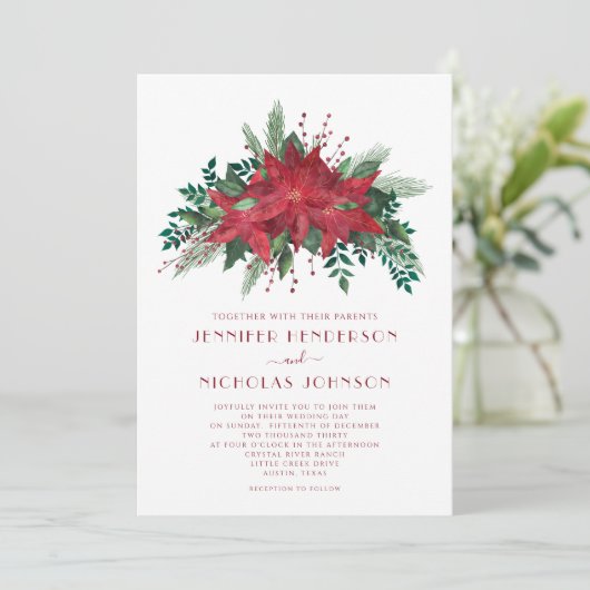 Elegant Red Poinsettia WeihnachtsWedding Einladung (Stehend Vorderseite)
