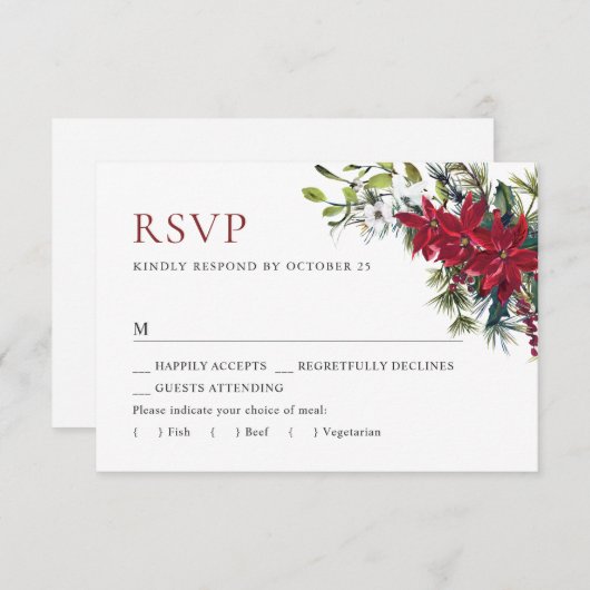 Elegant Red Poinsettia WeihnachtsWedding RSVP Karte (Vorne/Hinten)