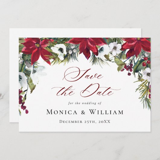 Elegant Red Poinsettia WeihnachtsWedding Save The Date (Vorne/Hinten)