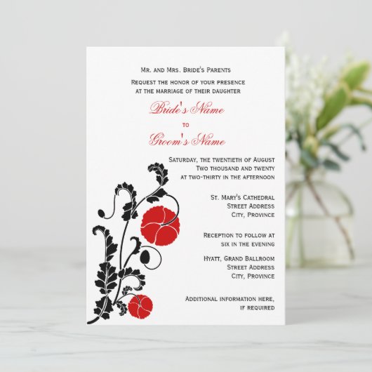 Elegant Red Poppy Wedding Einladung (Stehend Vorderseite)