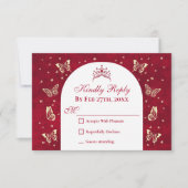Elegant Red Quinceañera 15. Gold Tiara Butterfly RSVP Karte (Vorderseite)