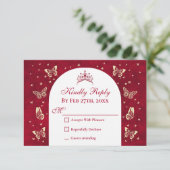 Elegant Red Quinceañera 15. Gold Tiara Butterfly RSVP Karte (Stehend Vorderseite)