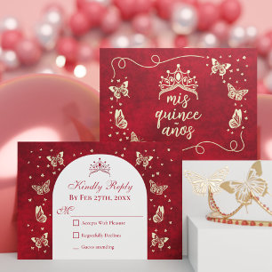 Elegant Red Quinceañera 15. Gold Tiara Butterfly RSVP Karte
