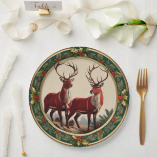 Elegant Red Reindeer Moose Gold Holly fröhliche Xm Pappteller