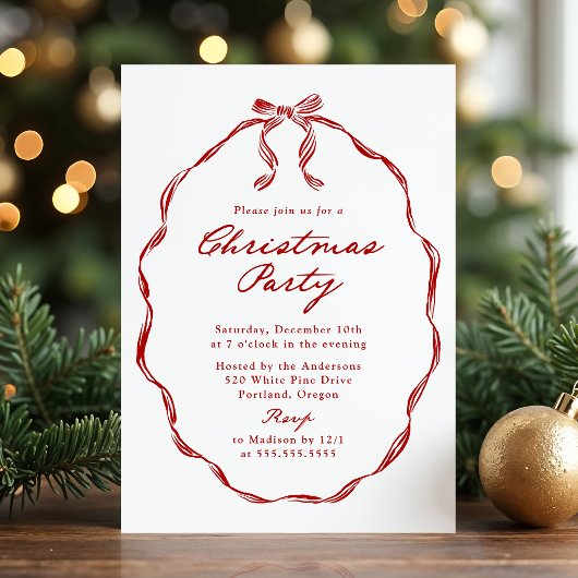 Elegant Red Ribbon Frame Christmas Party Einladung