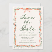 Elegant Red Ribbon Greenery Cream Holiday Wedding Save The Date (Vorderseite)