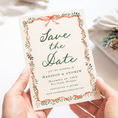 Elegant Red Ribbon Greenery Cream Holiday Wedding Save The Date