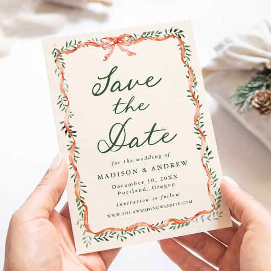 Elegant Red Ribbon Greenery Cream Holiday Wedding Save The Date