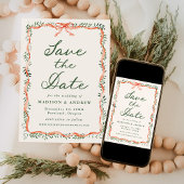 Elegant Red Ribbon Greenery Cream Holiday Wedding Save The Date