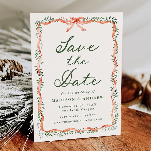 Elegant Red Ribbon Greenery Cream Holiday Wedding Save The Date