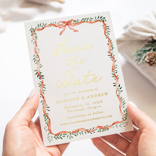 Elegant Red Ribbon Greenery Holiday Save the Date Folieneinladung