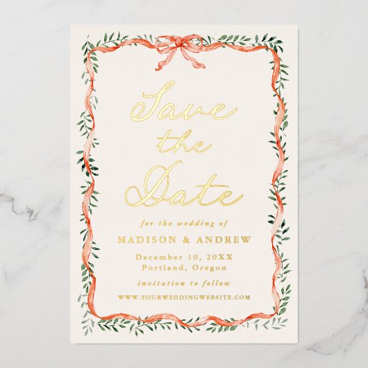 Elegant Red Ribbon Grüncreme Save the Date Folieneinladung (Vorderseite)