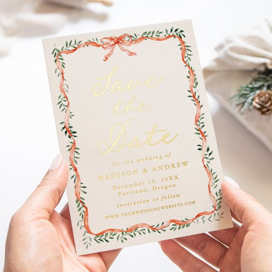 Elegant Red Ribbon Grüncreme Save the Date Folieneinladung