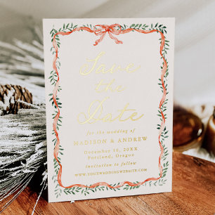 Elegant Red Ribbon Grüncreme Save the Date Folieneinladung