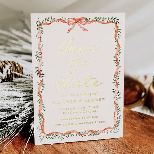 Elegant Red Ribbon Grüncreme Save the Date Folieneinladung