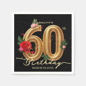 Elegant Red Rose Black and Gold 60th Birthday Serviette (Vorderseite)