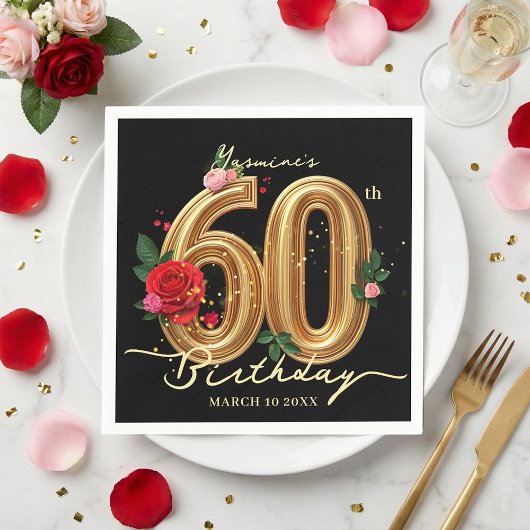 Elegant Red Rose Black and Gold 60th Birthday Serviette