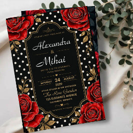 Elegant Red Rose Black and Gold Floral Polka Dot Acryleinladungen