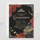 Elegant Red Rose Black Gold Butterfly Quinceañera Einladung (Vorderseite)