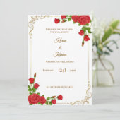 Elegant Red Rose Engagement Invitation with Gold C Einladung (Stehend Vorderseite)