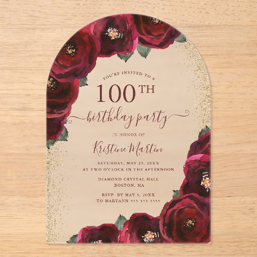 Elegant Red Rose Floral Arch 100th Birthday Party Acryleinladungen (Vorderseite)