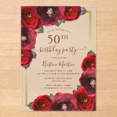 Elegant Red Rose Floral Gold 50th Birthday Party Acryleinladungen (Vorderseite)