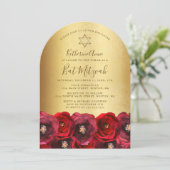 Elegant Red Rose Floral Gold Bat Mitzvah Einladung (Stehend Vorderseite)