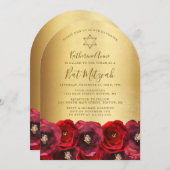 Elegant Red Rose Floral Gold Bat Mitzvah Einladung (Vorne/Hinten)