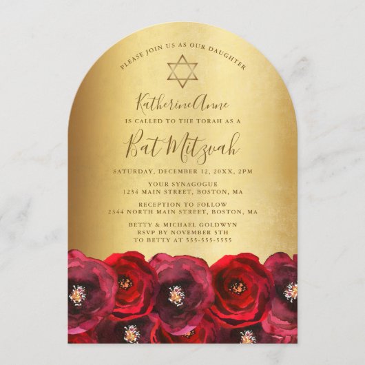 Elegant Red Rose Floral Gold Bat Mitzvah Einladung (Vorderseite)