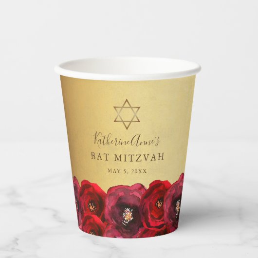 Elegant Red Rose Floral Gold Bat Mitzvah Pappbecher (Vorderseite)
