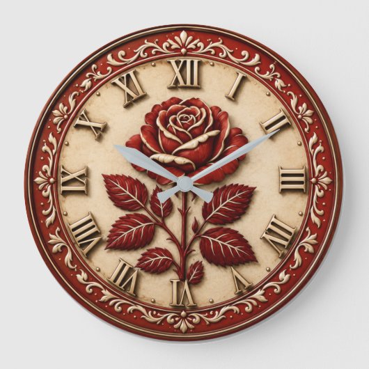 Elegant Red Rose Große Wanduhr (Vorderseite)