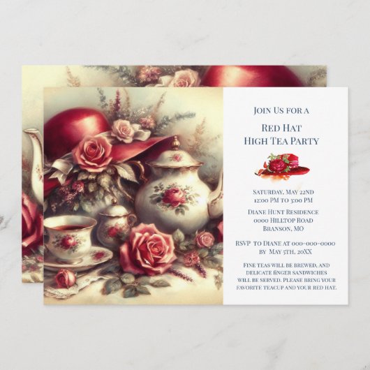 Elegant Red Rose Hat Theme Tea Party  Einladung (Vorne/Hinten)