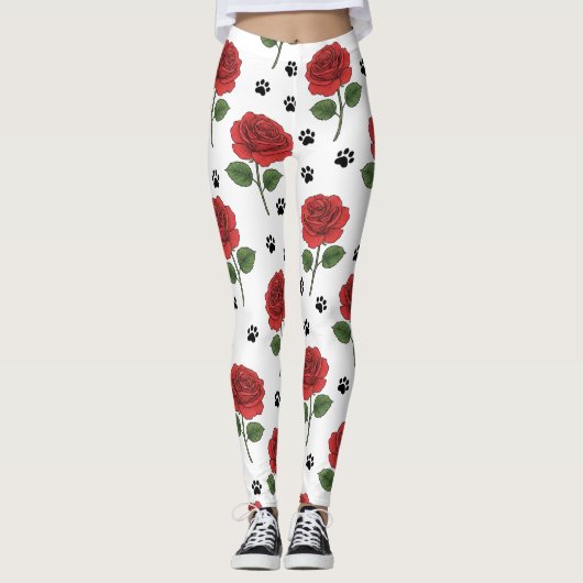 Elegant Red Rose & Playful Paw Print Leggings (Vorderseite)