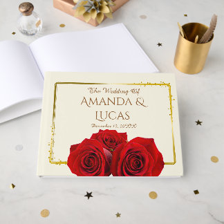 Elegant Red Roses and Gold Frame Cream Wedding Gästebuch