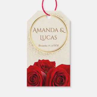 Elegant Red Roses and Gold Frame Cream Wedding  Geschenkanhänger