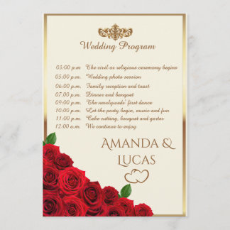 Elegant Red Roses and Gold Frame Cream Wedding Programm
