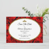 Elegant Red Roses and Gold Quinceanera Save The Date (Stehend Vorderseite)