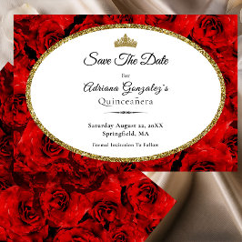 Elegant Red Roses and Gold Quinceanera Save The Date