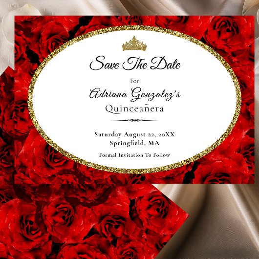 Elegant Red Roses and Gold Quinceanera Save The Date