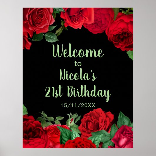Elegant Red Roses Flowers Birthday Party Poster (Vorne)