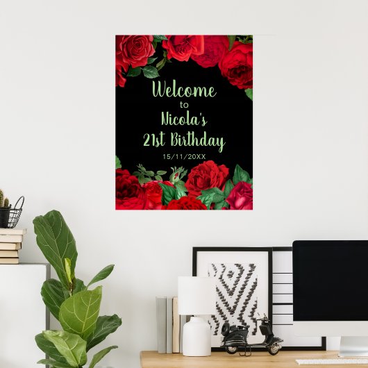 Elegant Red Roses Flowers Birthday Party Poster (Heimbüro)