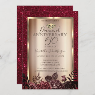 Elegant Red Roses Glitter Wedding Anniversary Einladung